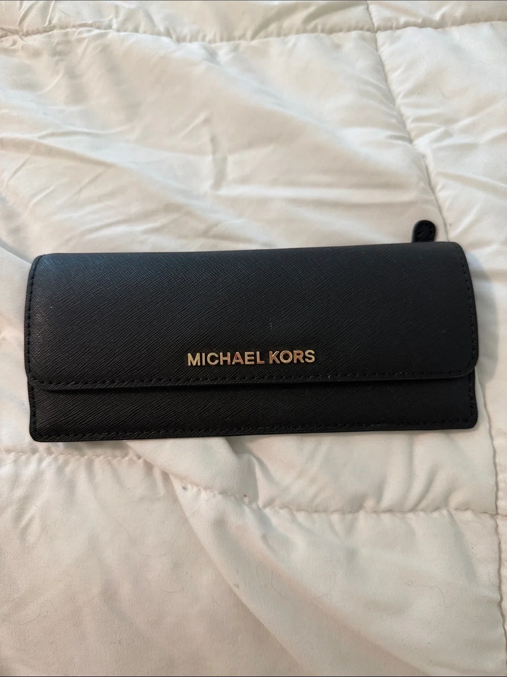 Michael Kors Black Saffiano Zip Continental Wallet with Gold Logo